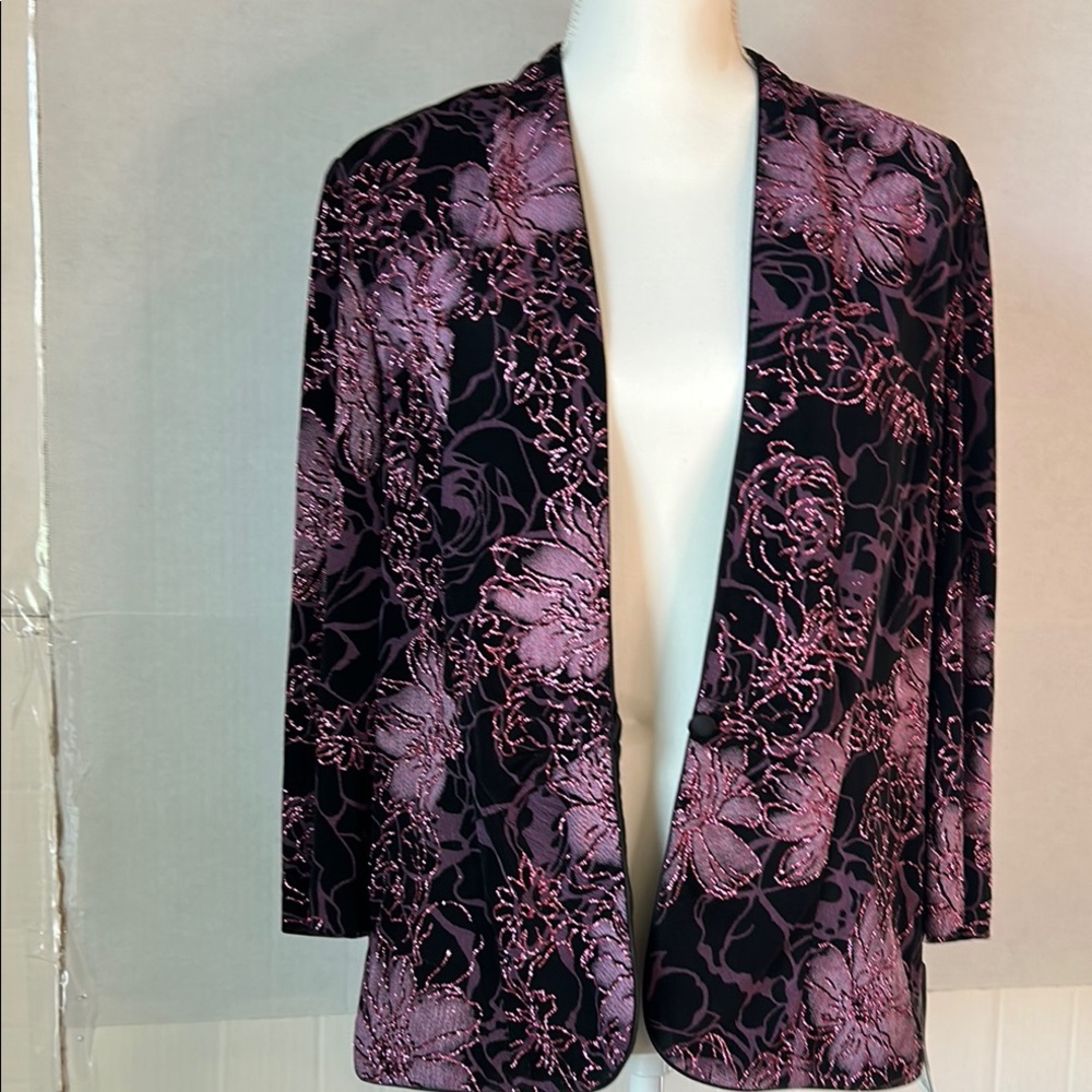 NWT Alex Evenings Mandarin Neck Black Pink Floral Glitter Formal Jacket. Size XL